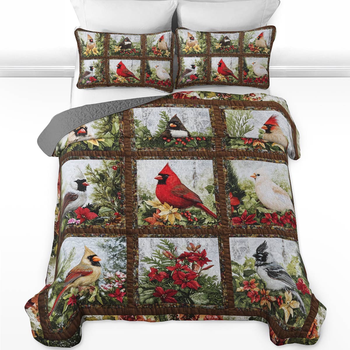 Shineful All Season Quilt 3-Piece Set Cardinals Old Vintage Cardinals Flowers Lovely