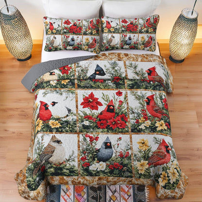 Shineful All Season Quilt 3-Piece Set Gorgeous Cardinals Christmas Flowers