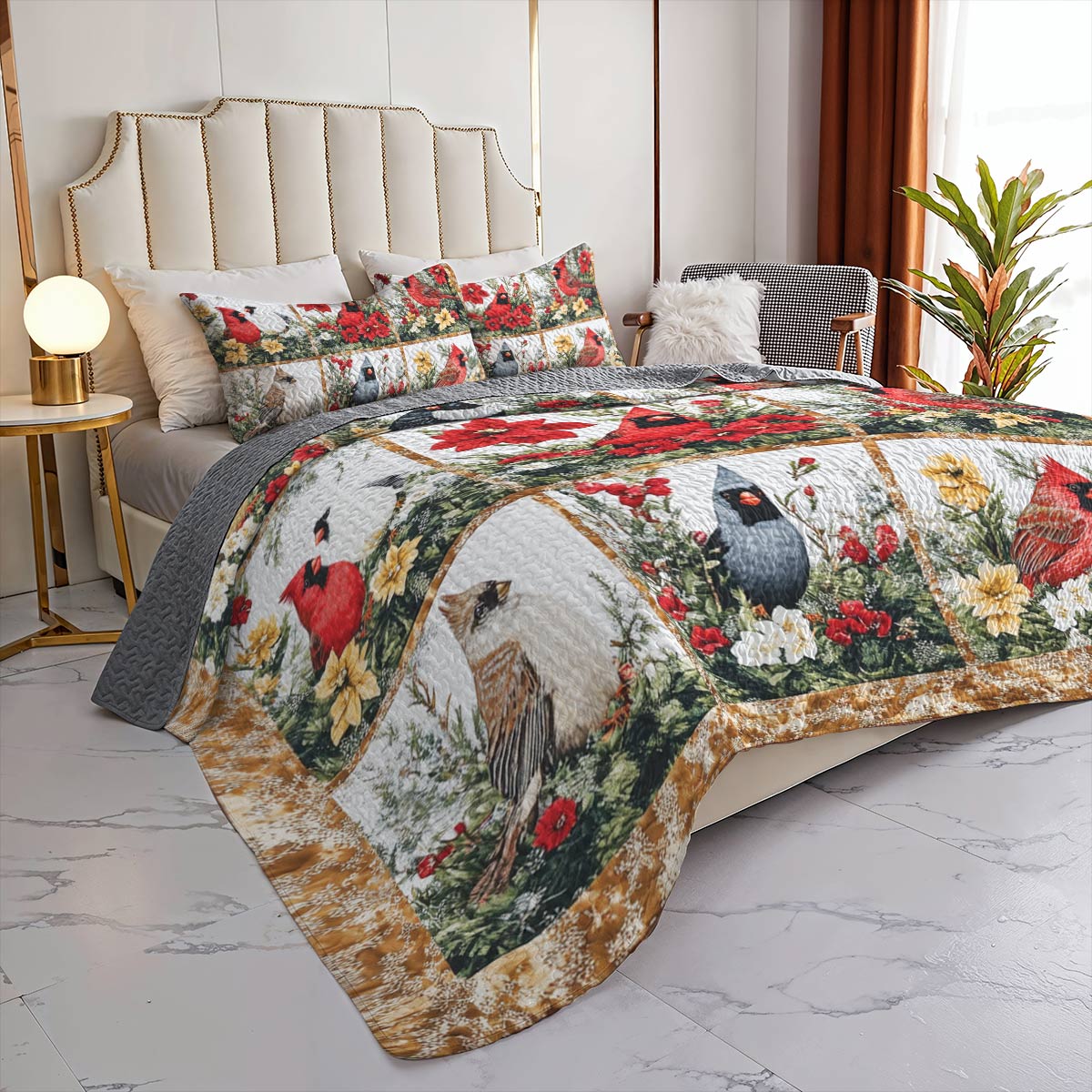 Shineful All Season Quilt 3-Piece Set Gorgeous Cardinals Christmas Flowers