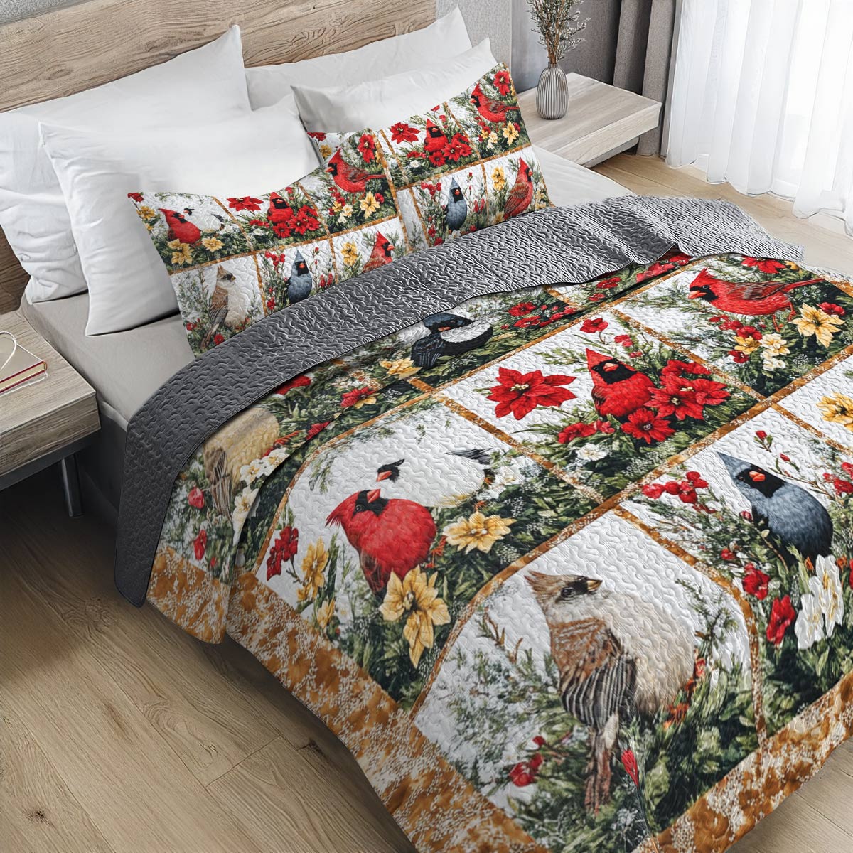 Shineful All Season Quilt 3-Piece Set Gorgeous Cardinals Christmas Flowers