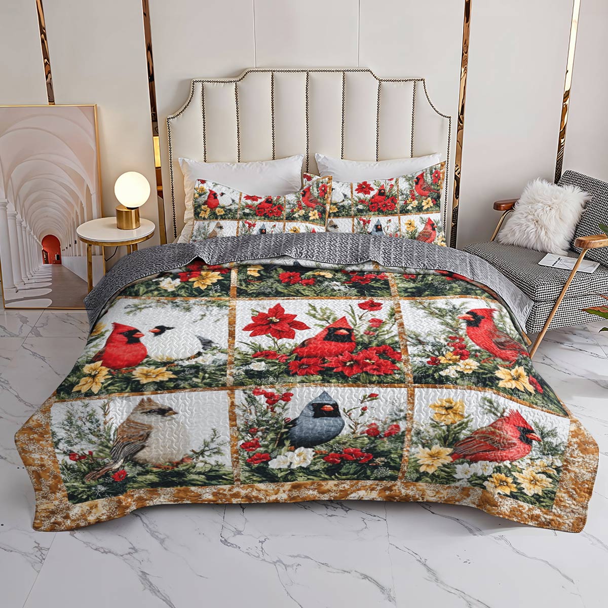 Shineful All Season Quilt 3-Piece Set Gorgeous Cardinals Christmas Flowers