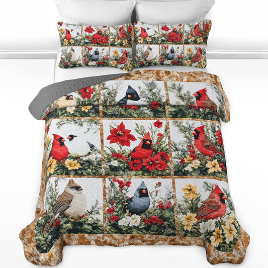 Shineful All Season Quilt 3-Piece Set Gorgeous Cardinals Christmas Flowers