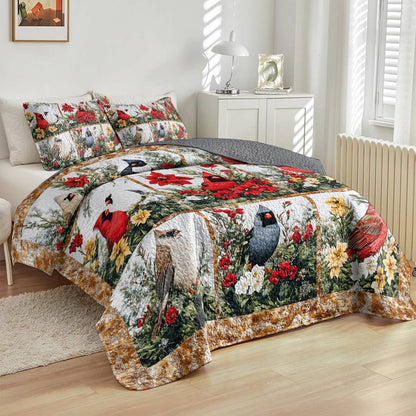 Shineful All Season Quilt 3-Piece Set Gorgeous Cardinals Christmas Flowers