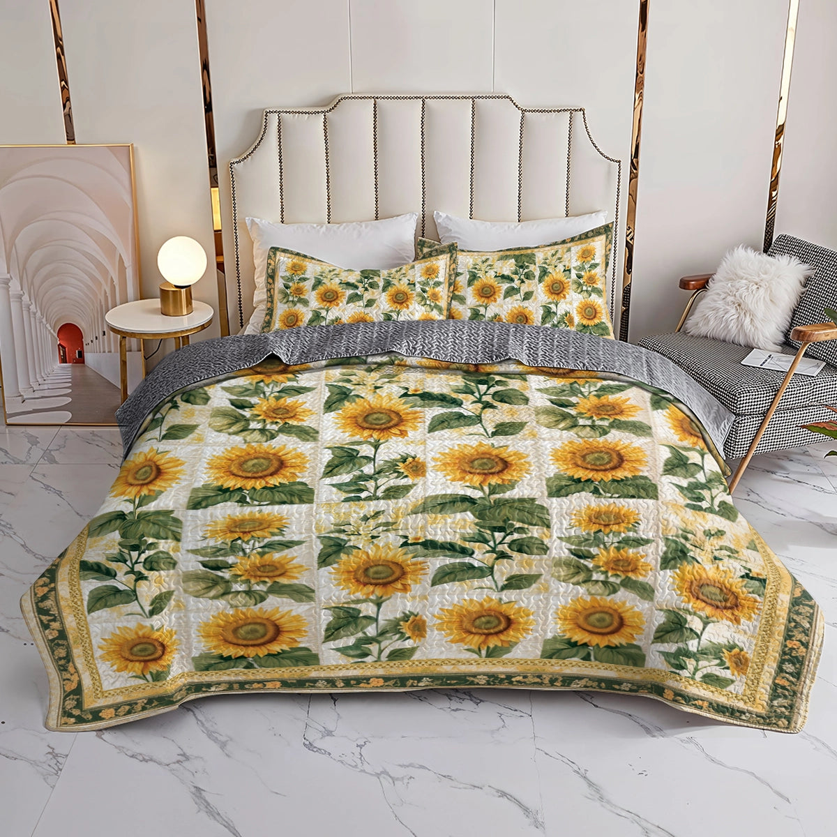 Shineful All Season Quilt 3-Piece Set Vintage Rustic Sunflower Patchwork