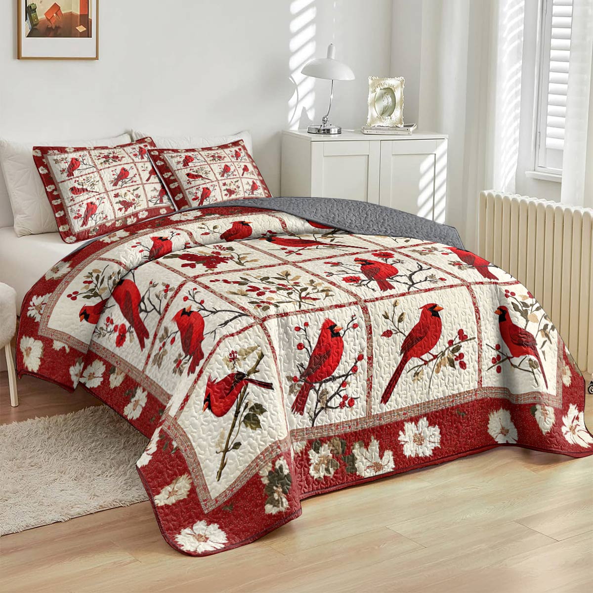 Shineful All Season Quilt 3-Piece Set Dazzling Cardinals Flowers