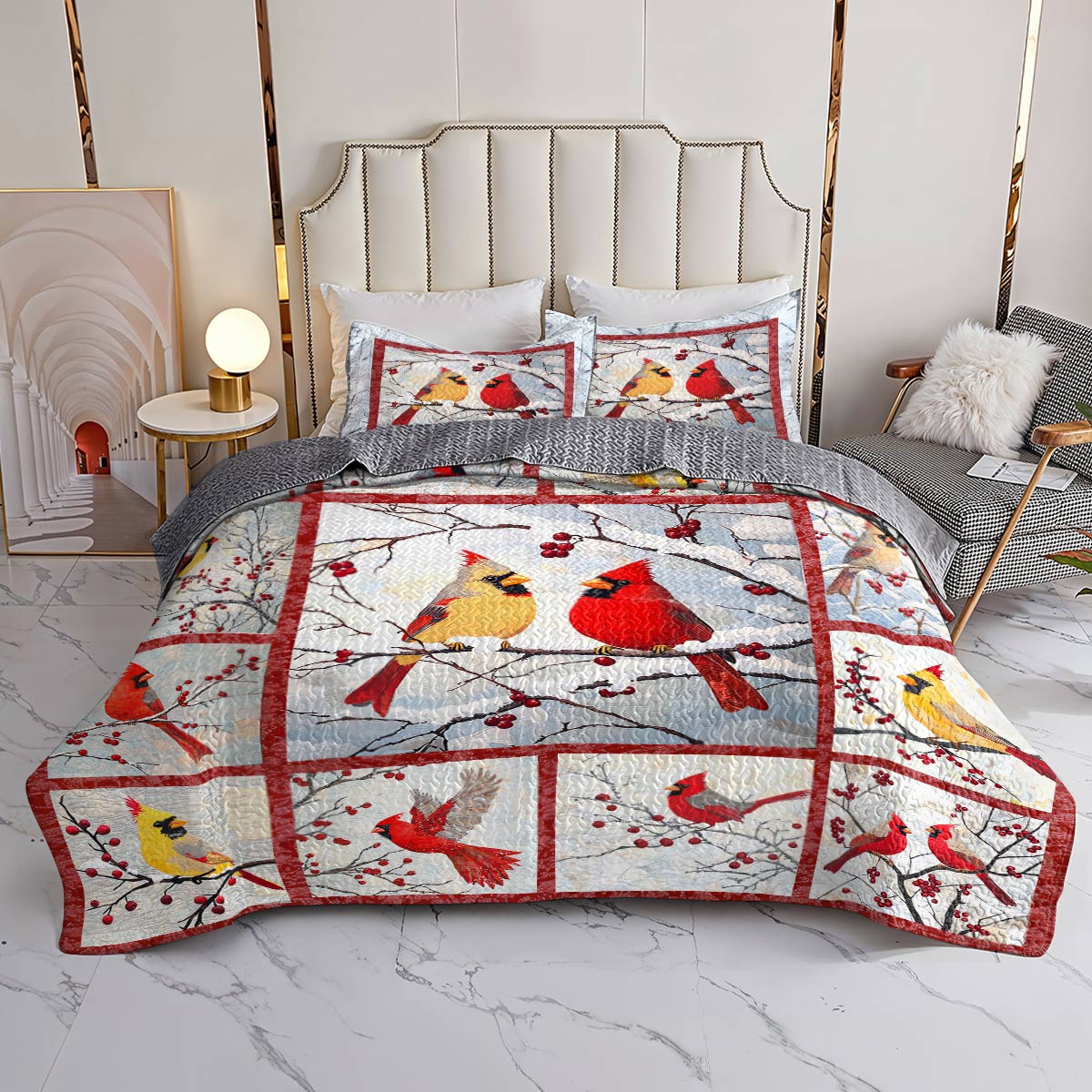 Shineful All Season Quilt 3-Piece Set Beautiful Cardinals Berries