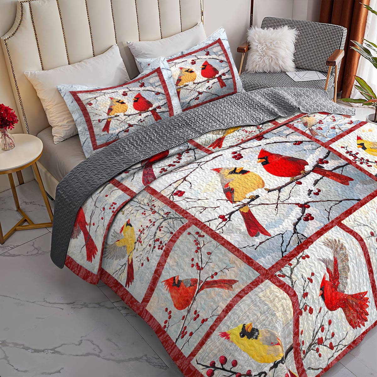 Shineful All Season Quilt 3-Piece Set Beautiful Cardinals Berries