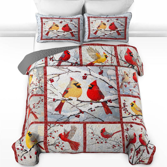 Shineful All Season Quilt 3-Piece Set Beautiful Cardinals Berries