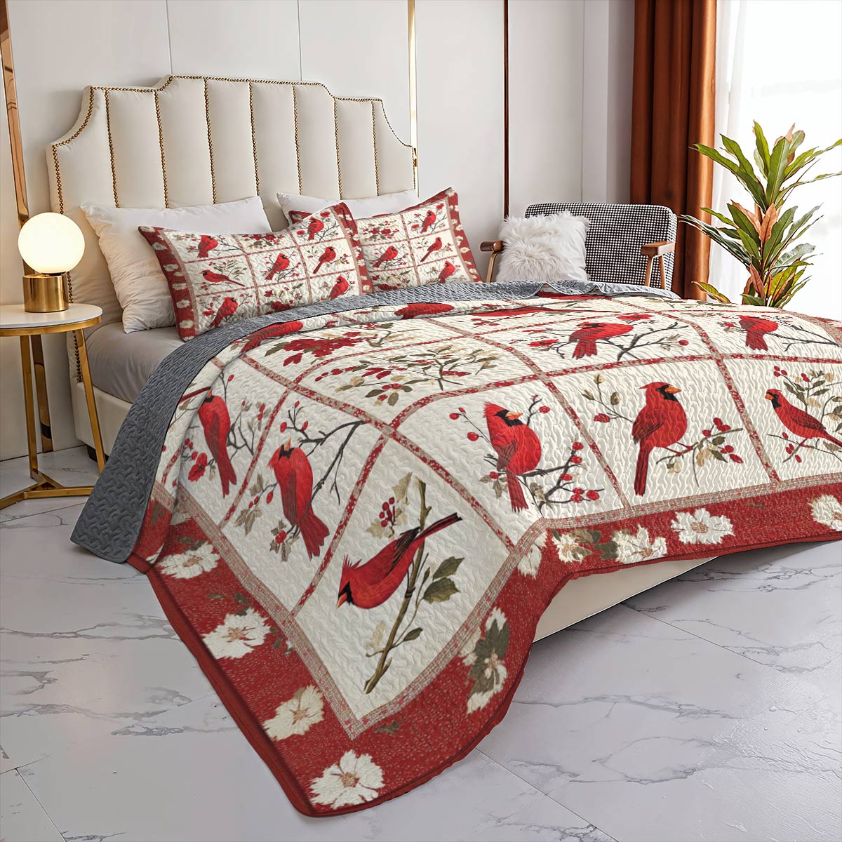 Shineful All Season Quilt 3-Piece Set Dazzling Cardinals Flowers