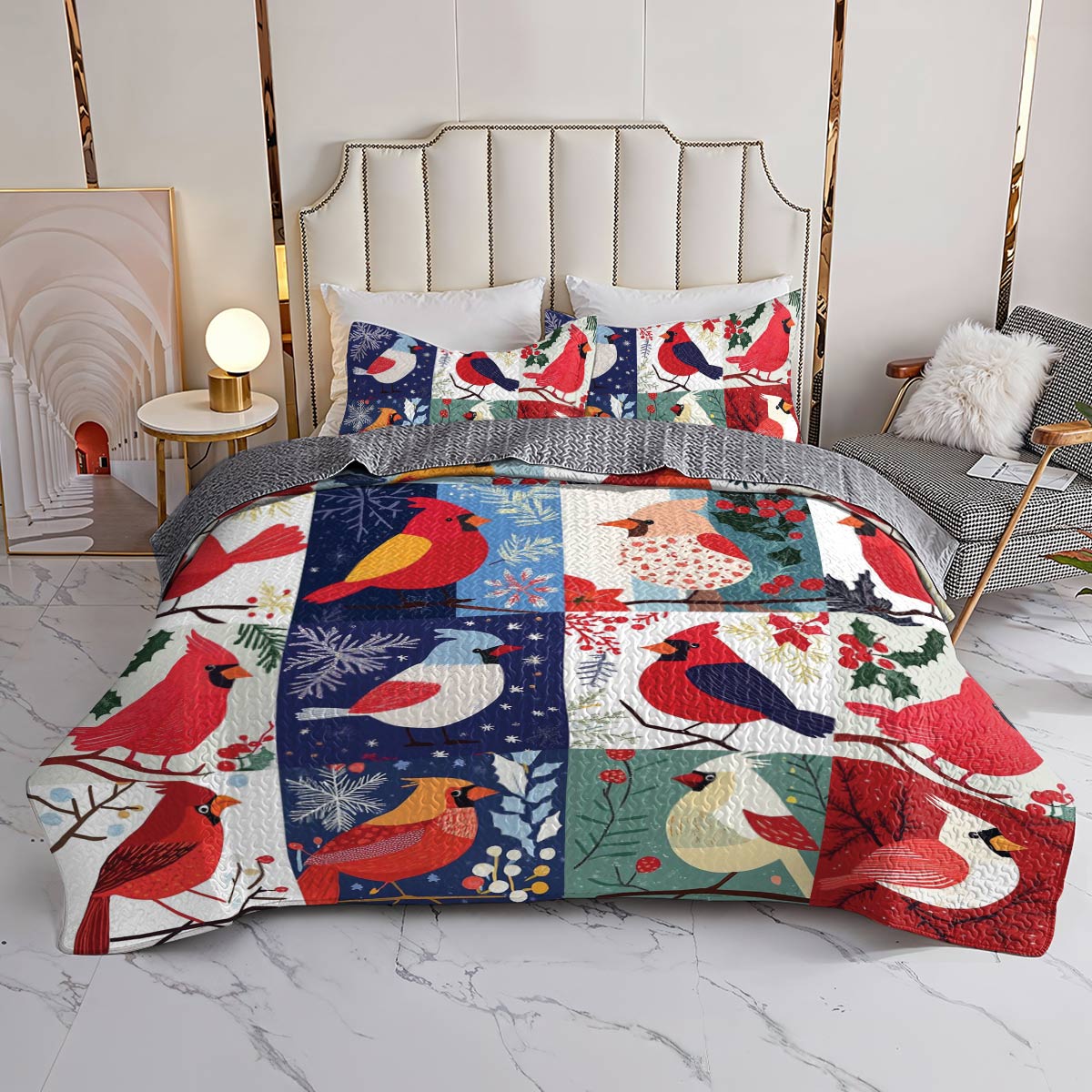 Shineful All Season Quilt 3-Piece Set Cute Cardinal Season