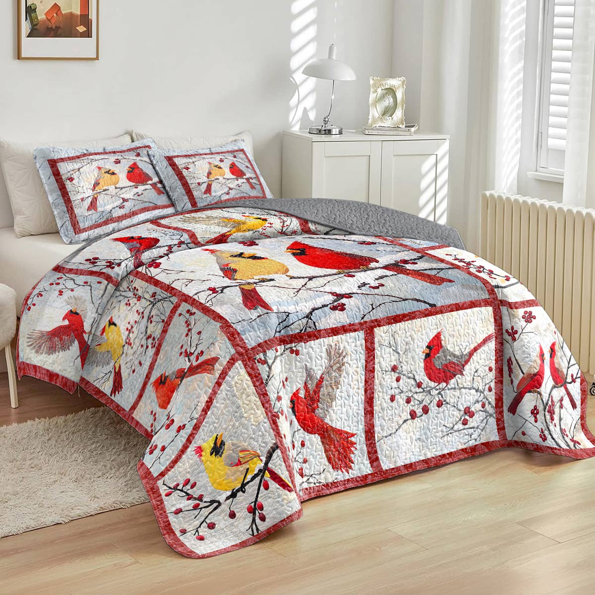 Shineful All Season Quilt 3-Piece Set Beautiful Cardinals Berries