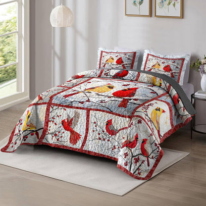 Shineful All Season Quilt 3-Piece Set Beautiful Cardinals Berries