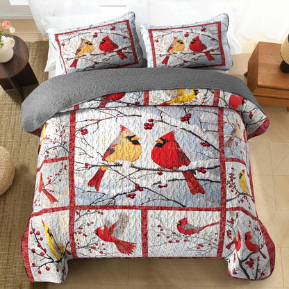 Shineful All Season Quilt 3-Piece Set Beautiful Cardinals Berries