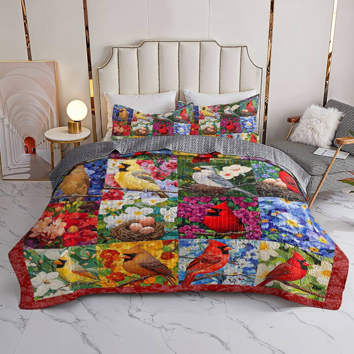 Shineful All Season Quilt 3-Piece Set Gorgeous Cardinals Flowers