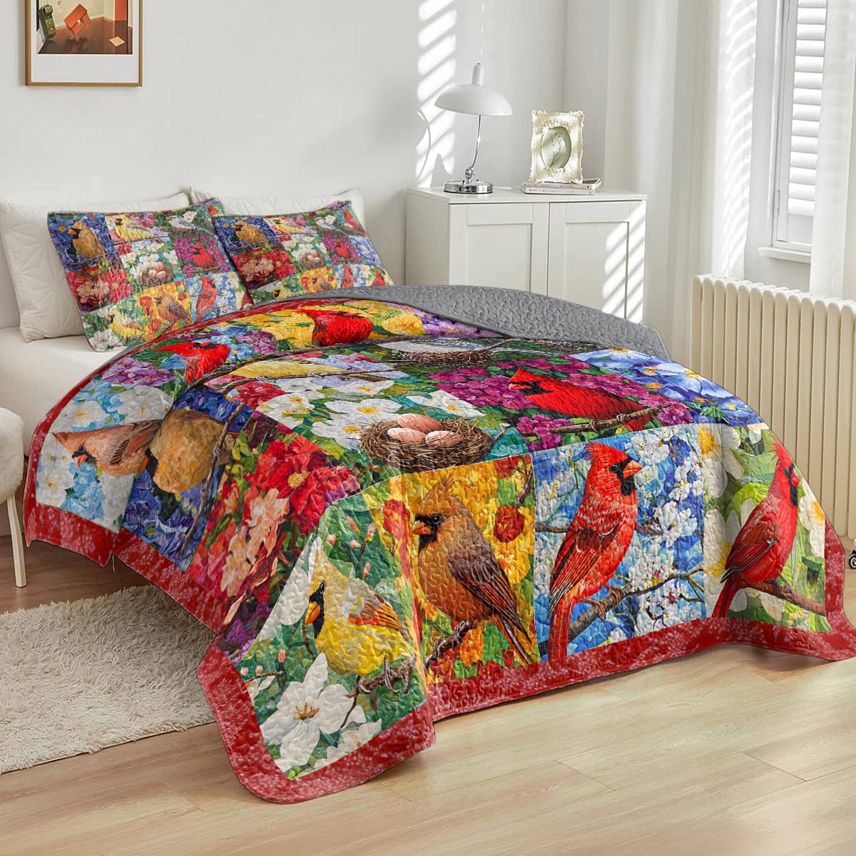 Shineful All Season Quilt 3-Piece Set Gorgeous Cardinals Flowers