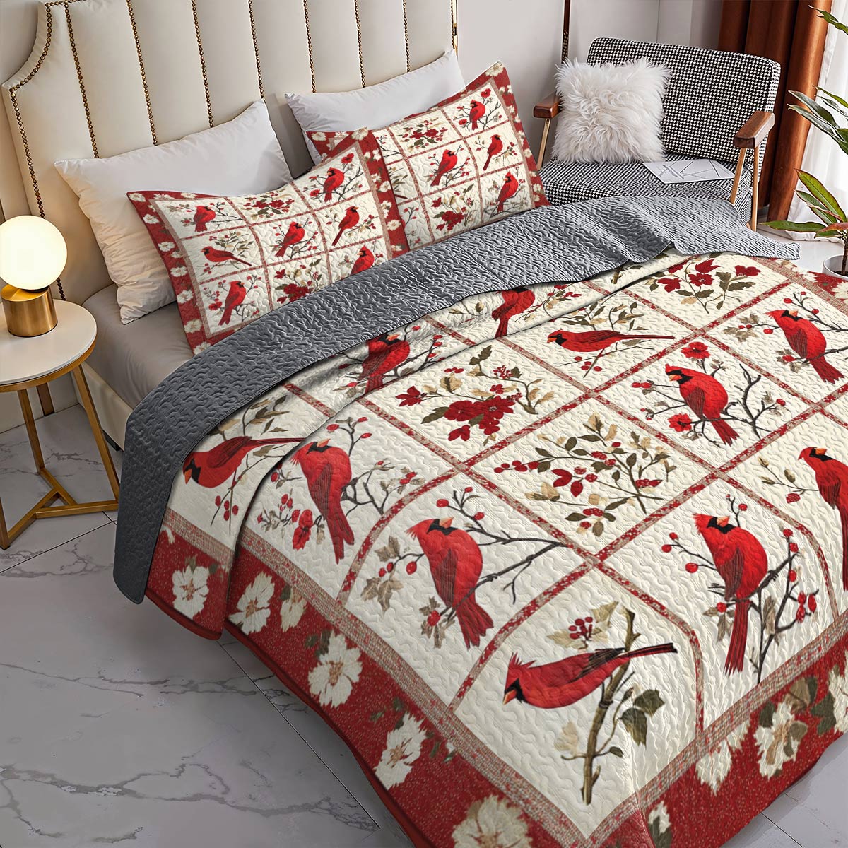 Shineful All Season Quilt 3-Piece Set Dazzling Cardinals Flowers