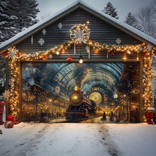 Shineful Garage Door Banner Decoration Snowy Station