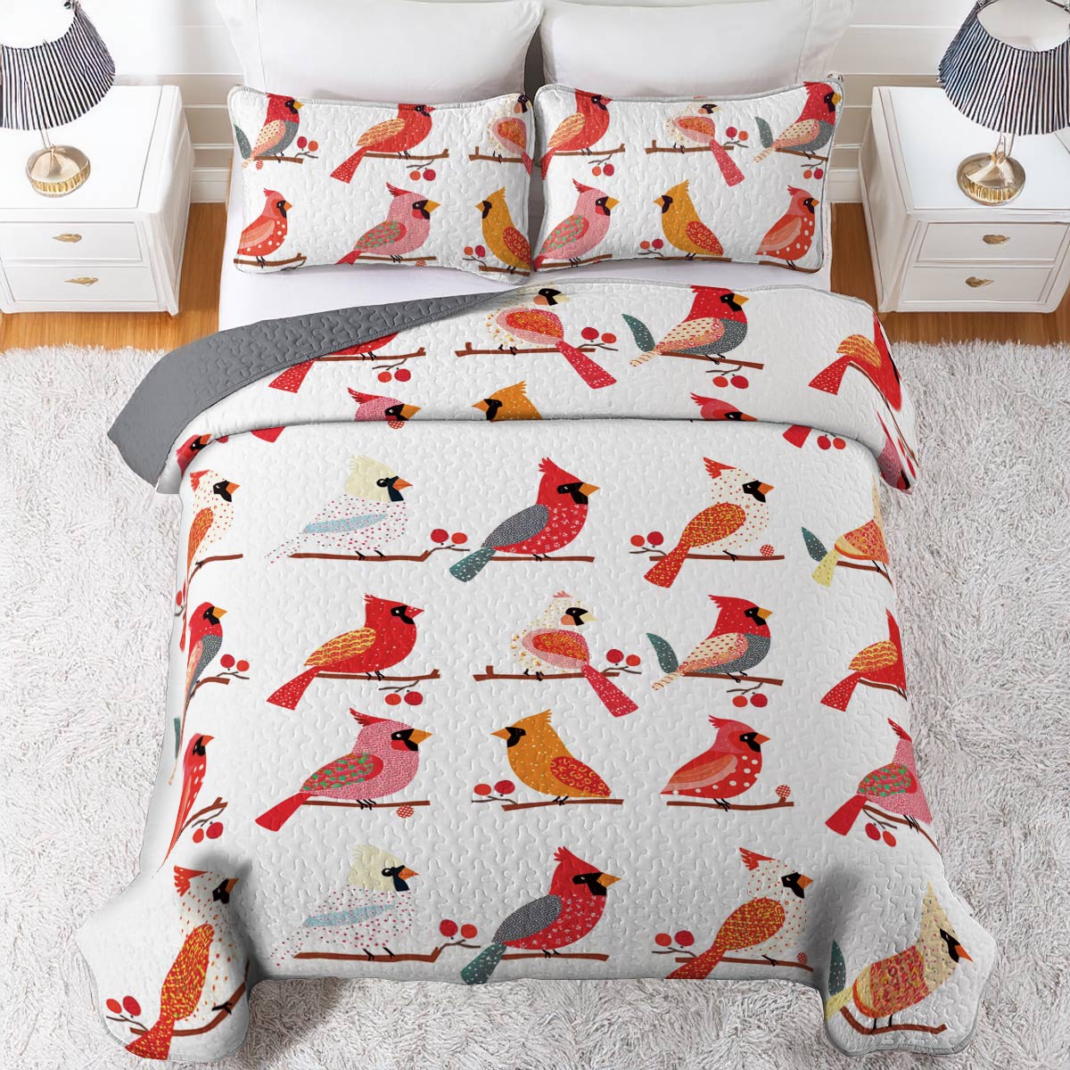 Shineful All Season Quilt 3-Piece Set Sweet Cardinals Berries