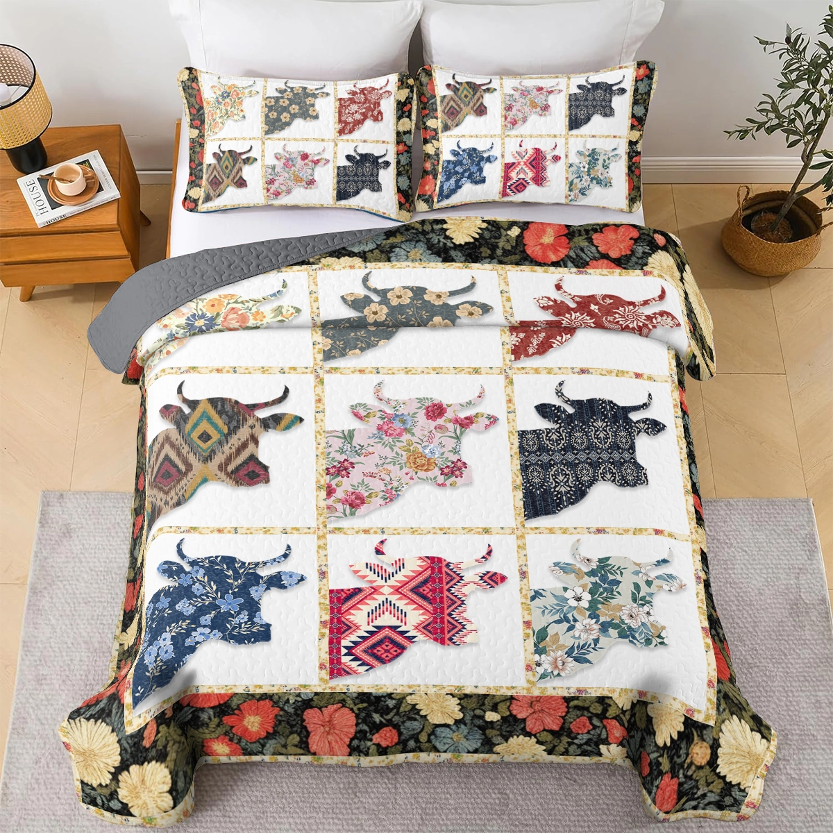 Shineful All Season Quilt 3-Piece Set Floral Highland Cow