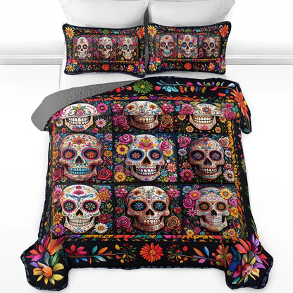 Shineful All Season Quilt 3-Piece Set Blossom Skull Elegance