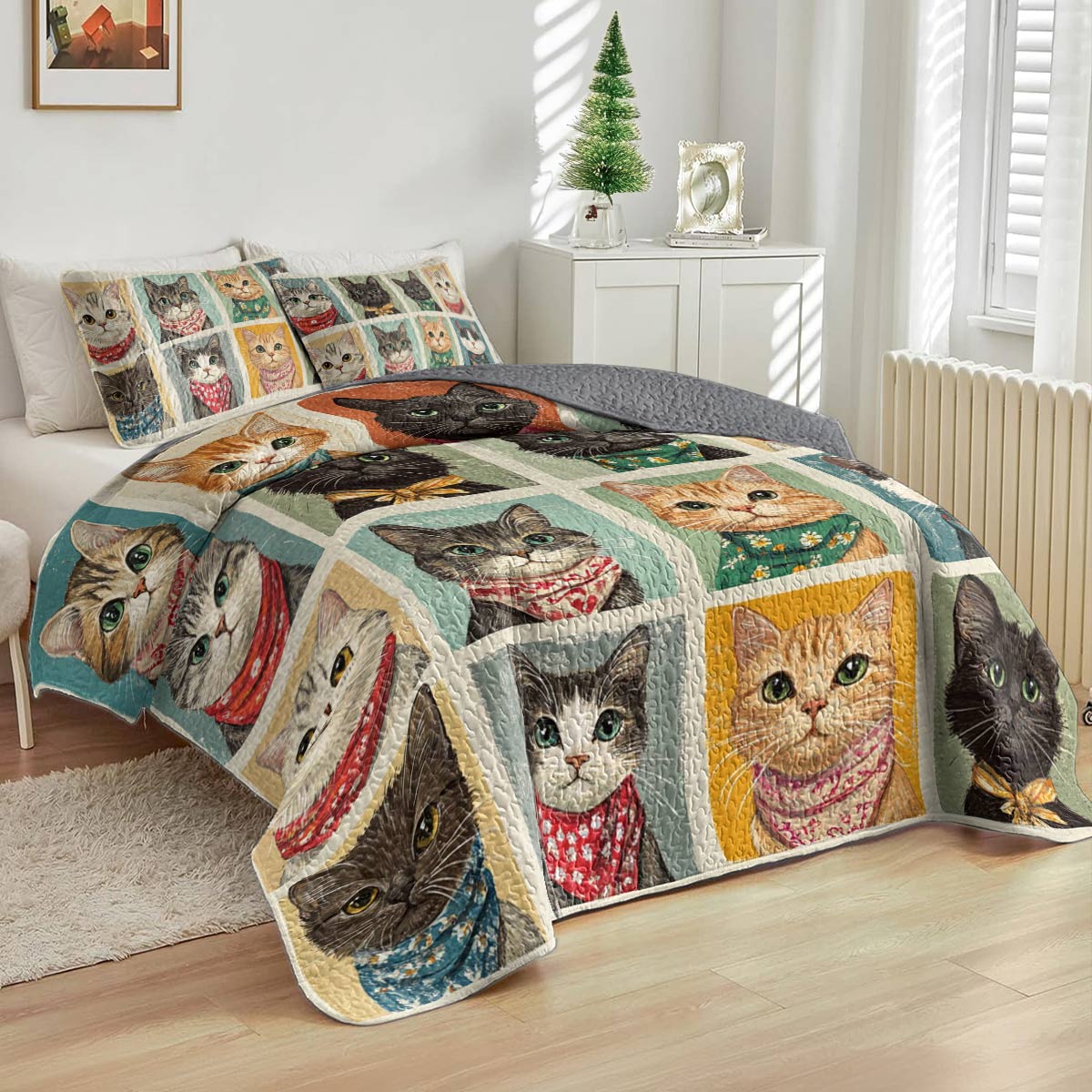 Shineful All Season Quilt 3-Piece Set Feline Faces