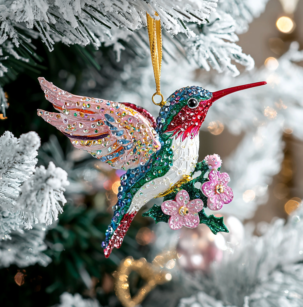 Shineful 2D Acrylic Ornament Twinkling Floral Hummingbird