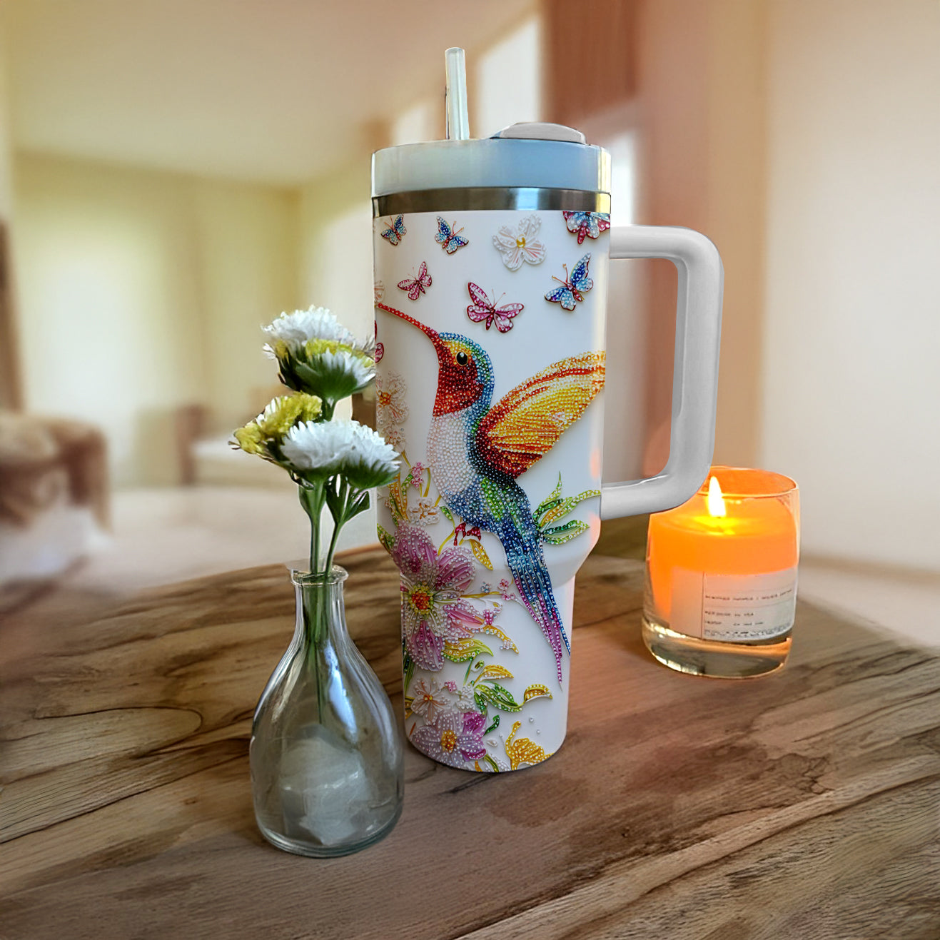 Shineful Glossy Tumbler Blossom Hummingbird With Butterflies