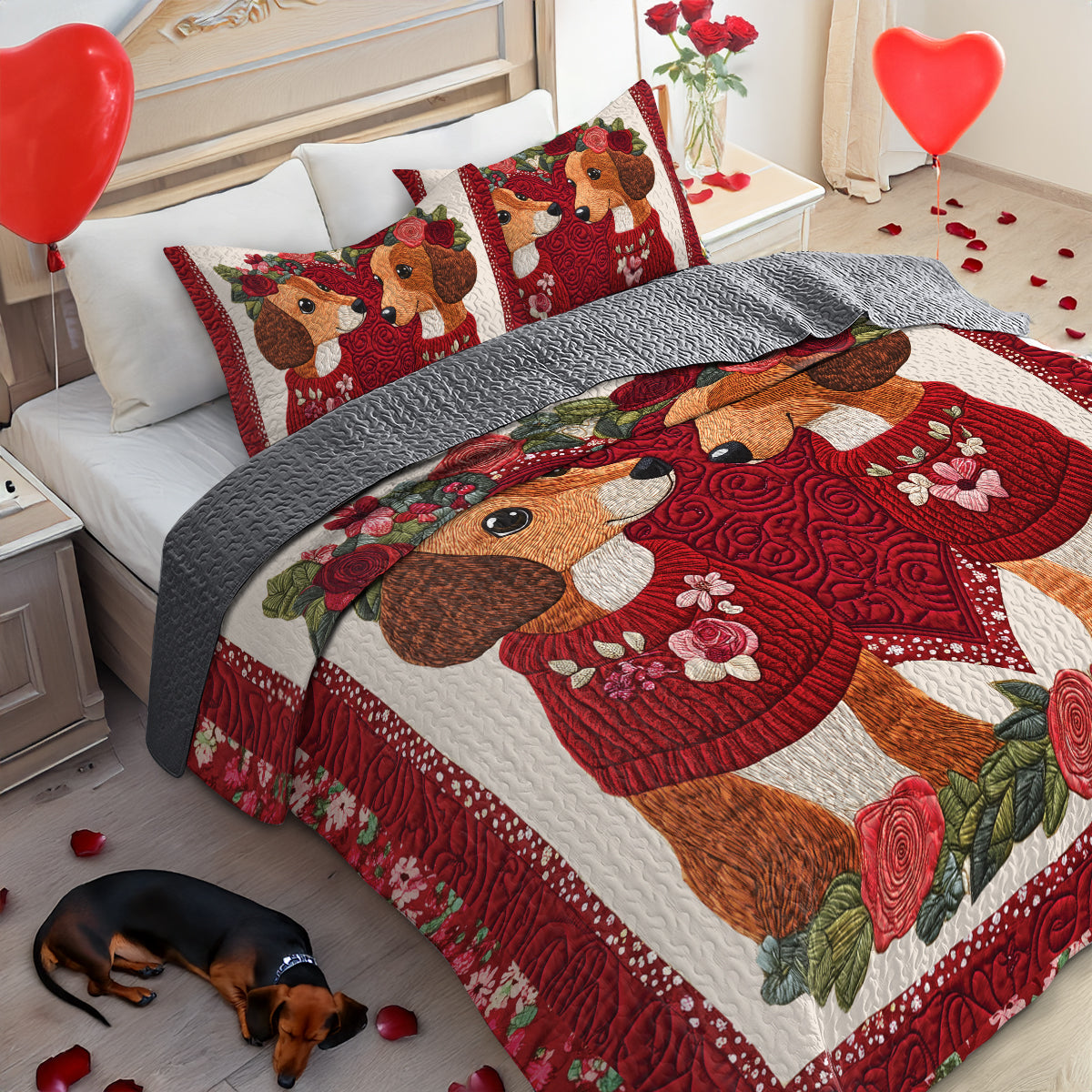 Shineful All Season Quilt 3-Piece Set Red Roses Dachshund Couple