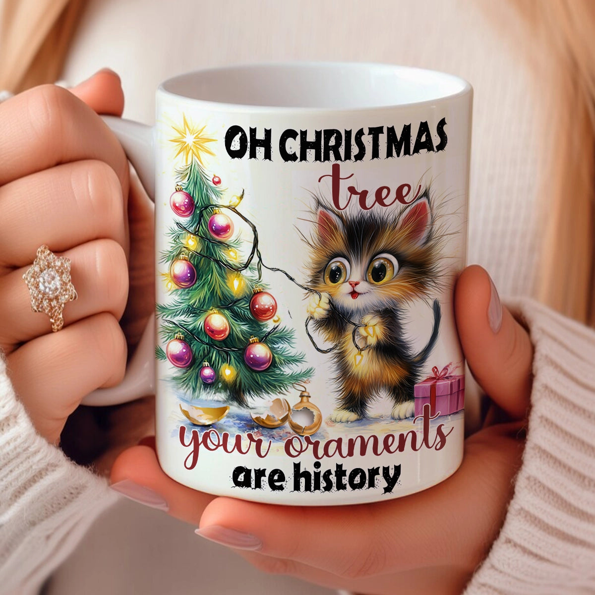 Tasse en céramique brillante Chat de Noël coquin ou gentil