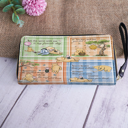 Shineful Leather Clutch Purse With Wristlet Strap Handle Winnie the Pooh Patchwork Bliss