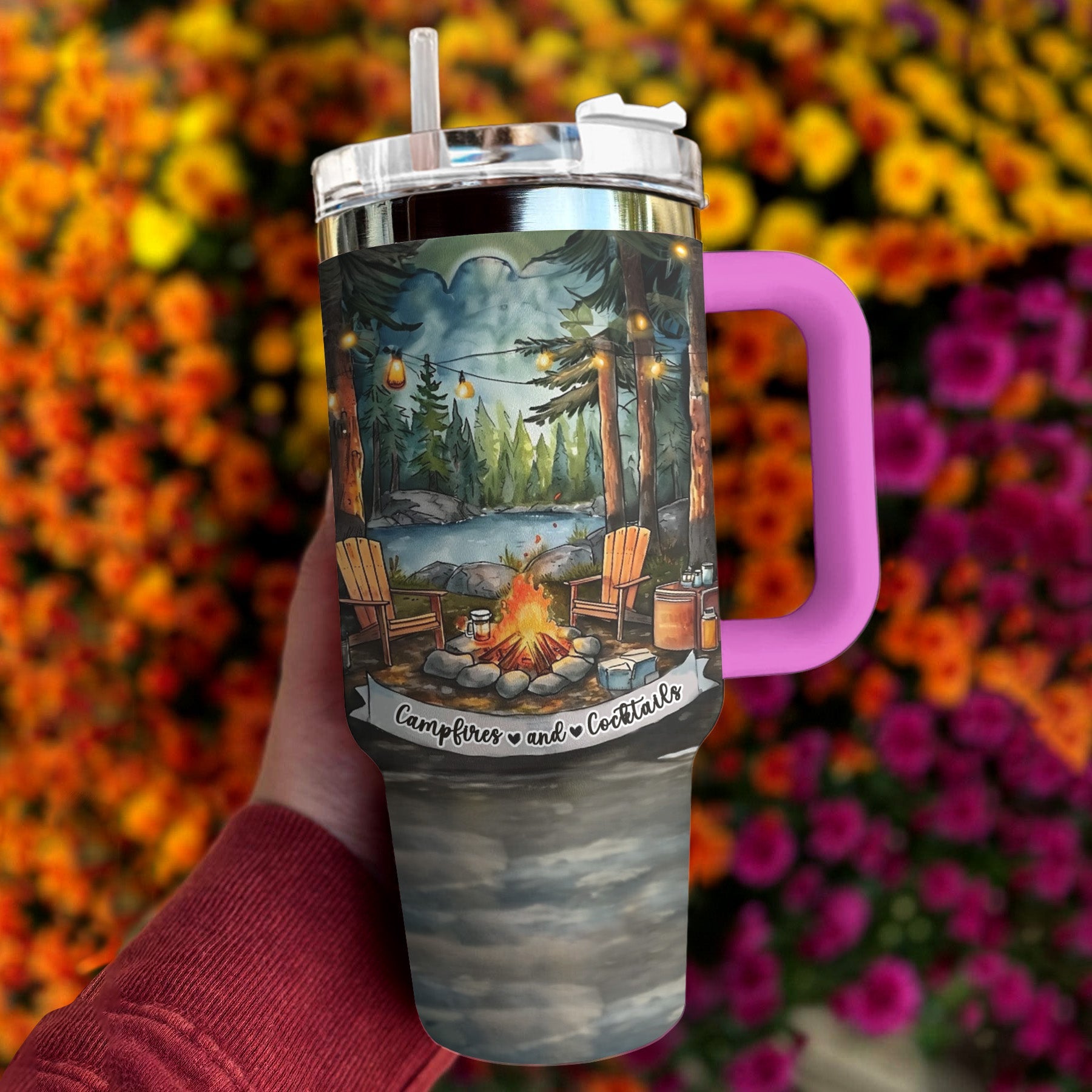 Camping Shineful™ Tumbler Campfire And Cocktails Mn8 Hot Pink 40Oz