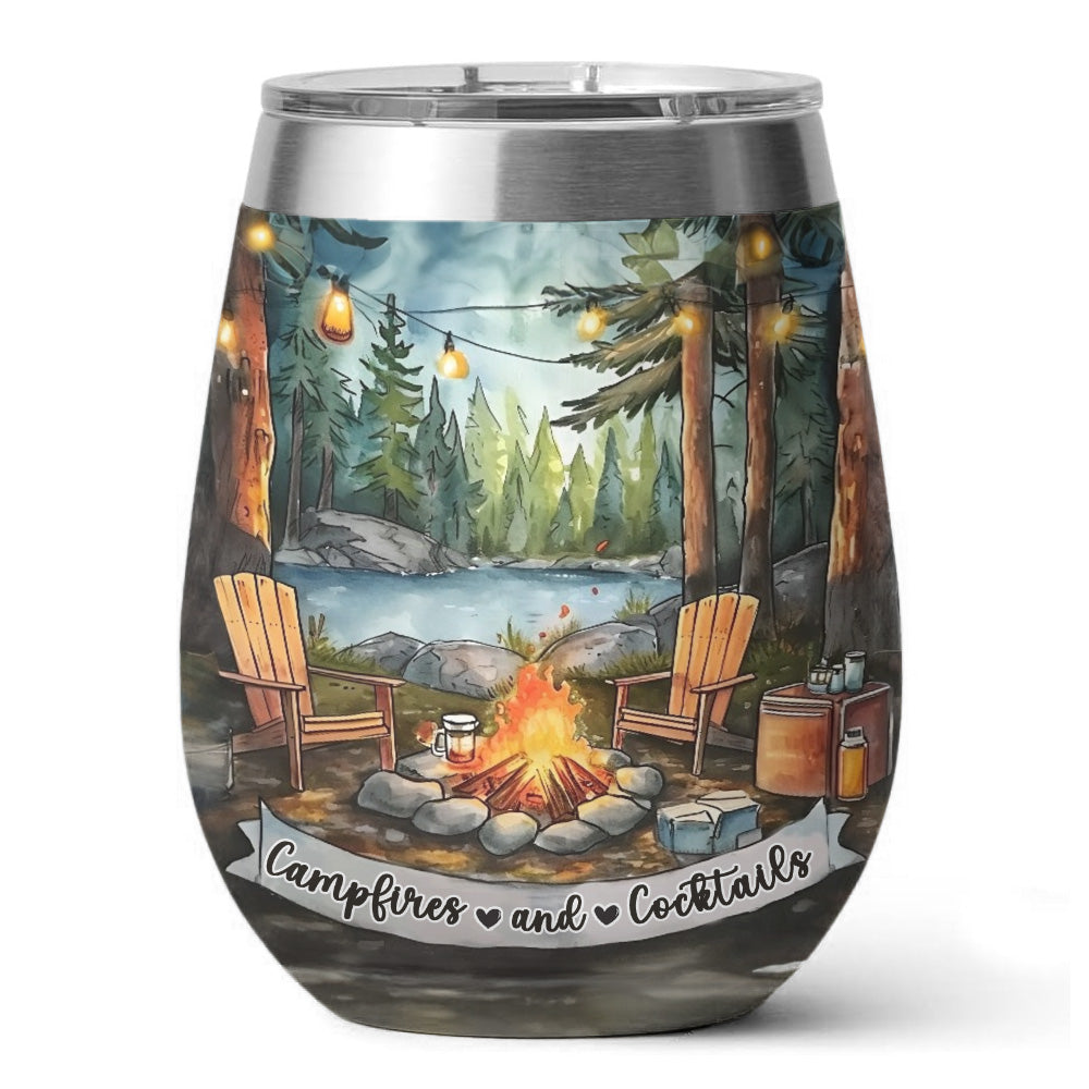 Camping 12 Oz Shineful™ Wine Tumbler Campfire And Cocktails Mn8 12Oz