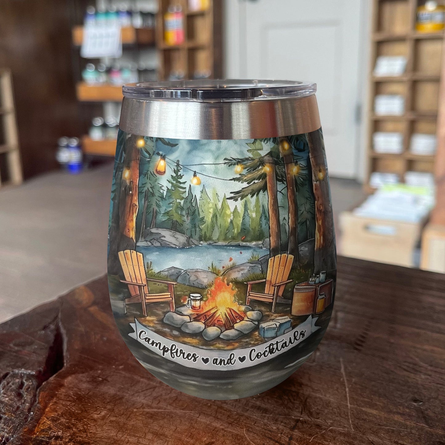 Camping 12 Oz Shineful™ Wine Tumbler Campfire And Cocktails Mn8 12Oz