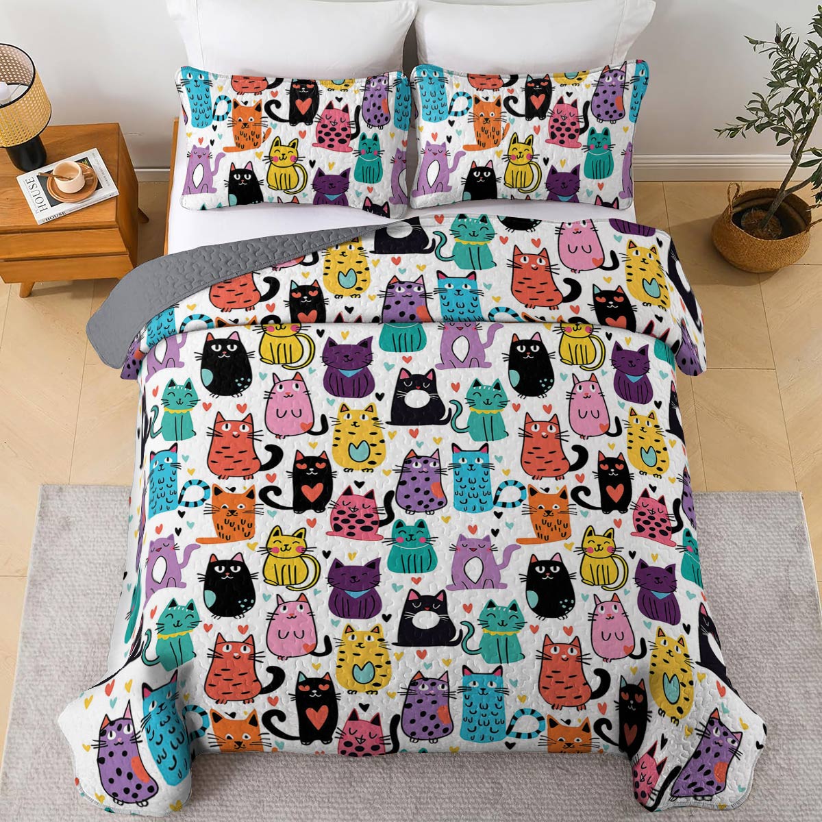 Shineful All Season Quilt 3-Piece Set Cute Colorful Cats