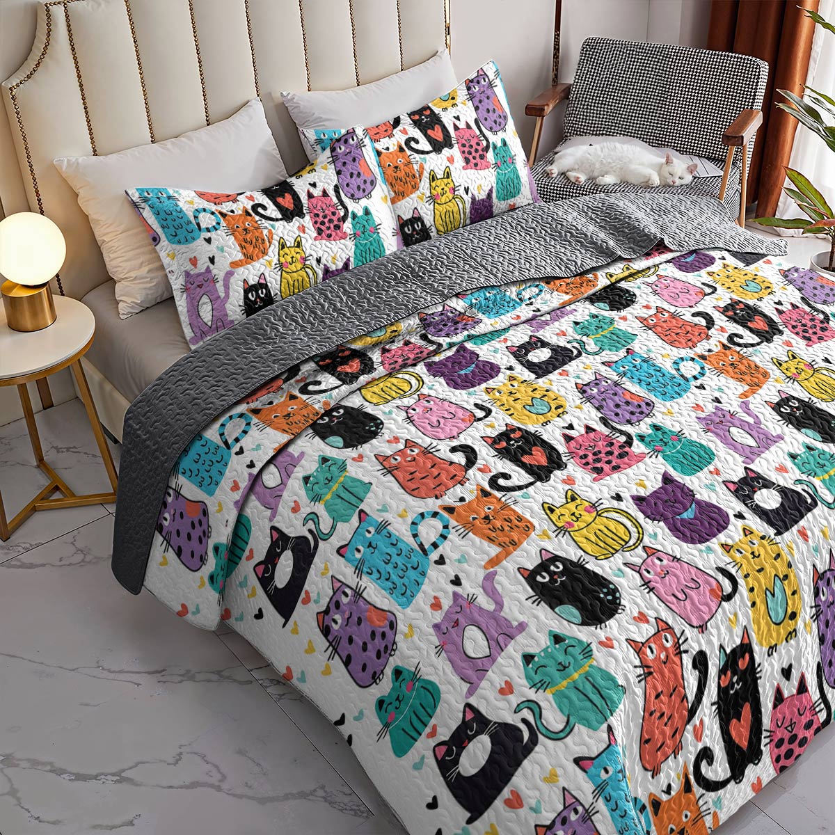 Shineful All Season Quilt 3-Piece Set Cute Colorful Cats