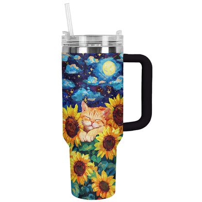 Glänzender Becher Sonnenblume Sternenhimmel Schläfrige Katze