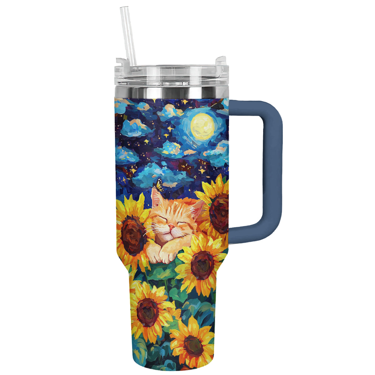 Glänzender Becher Sonnenblume Sternenhimmel Schläfrige Katze