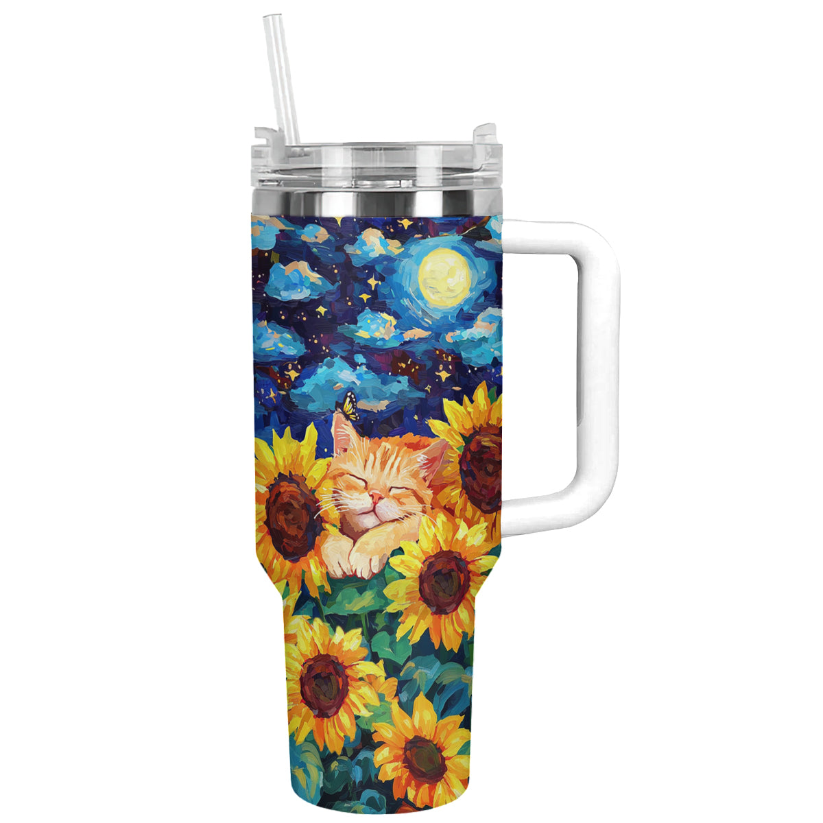 Glänzender Becher Sonnenblume Sternenhimmel Schläfrige Katze