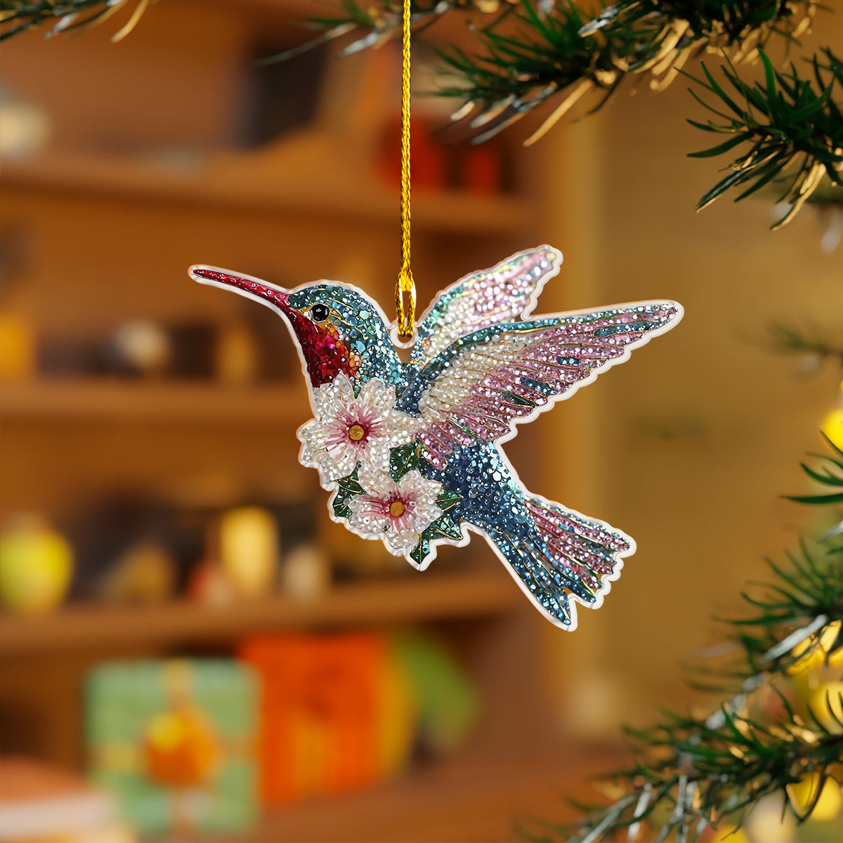 Shineful 2D Acrylic Ornament Twinkling Floral Hummingbird