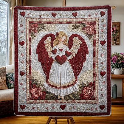 Shineful Flat Print Faux Quilt Blanket - Heavenly Angel of Love and Roses Quilt Design