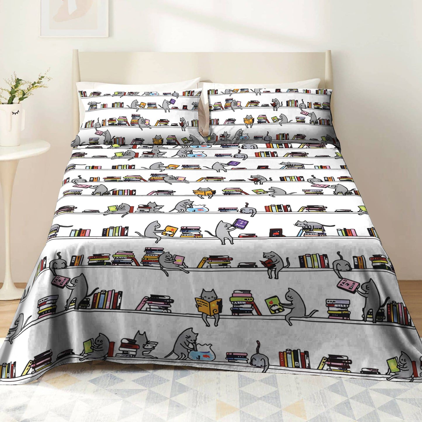 Shineful 4-Piece Bed Sheet Set Cat Reading