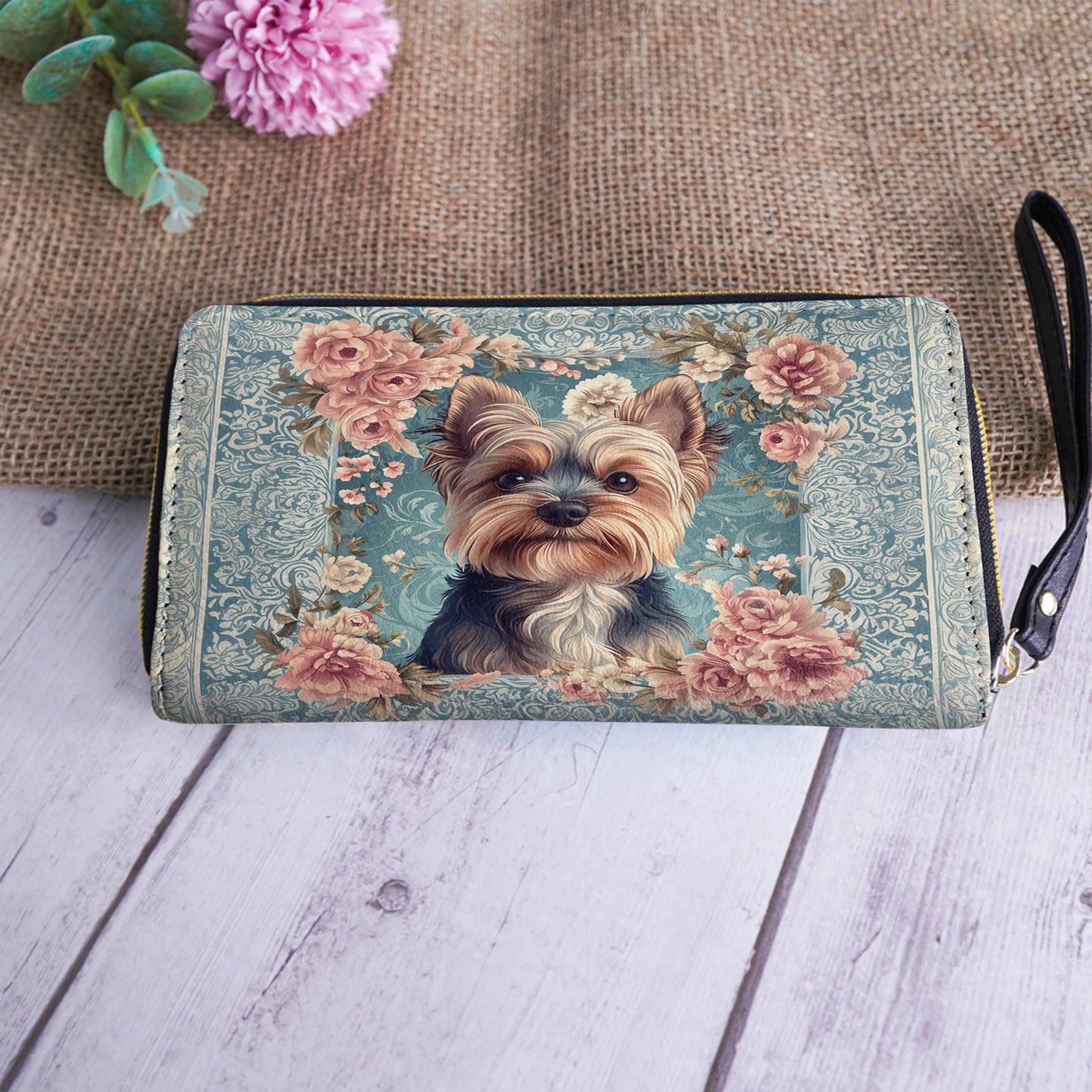 Shineful Leather Clutch Purse With Wristlet Strap Handle Yorkie Rose Bloom Elegance