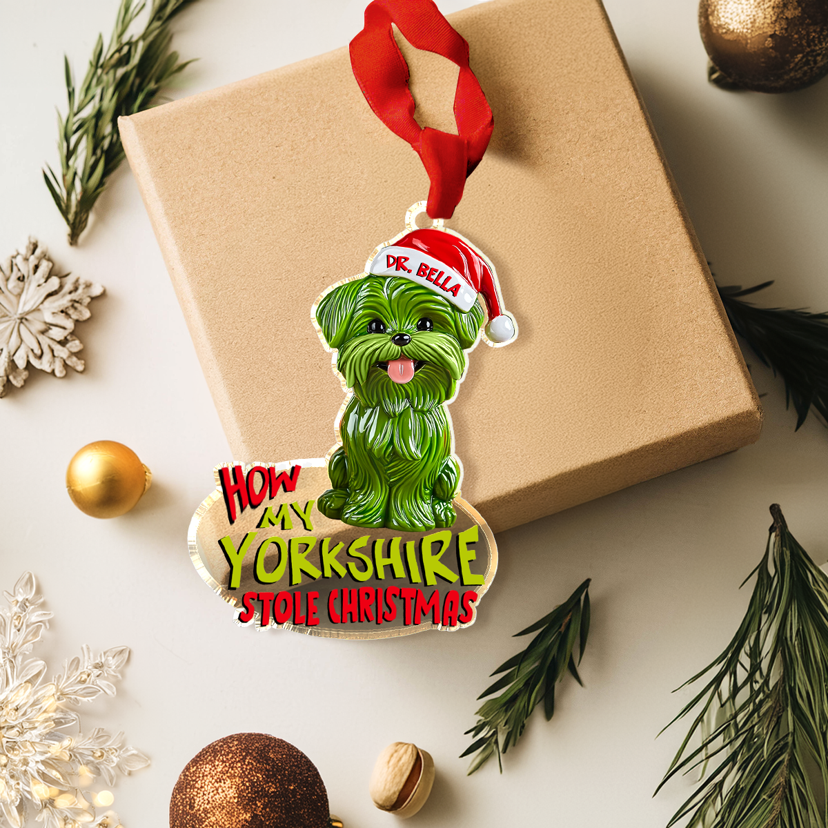 Shiny personalisiertes 2D-Acryl-Ornament „Wie mein Yorkie Weihnachten gestohlen hat“ 