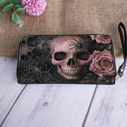 Shineful Leather Clutch Purse With Wristlet Strap Handle Eternal Bloom Skull