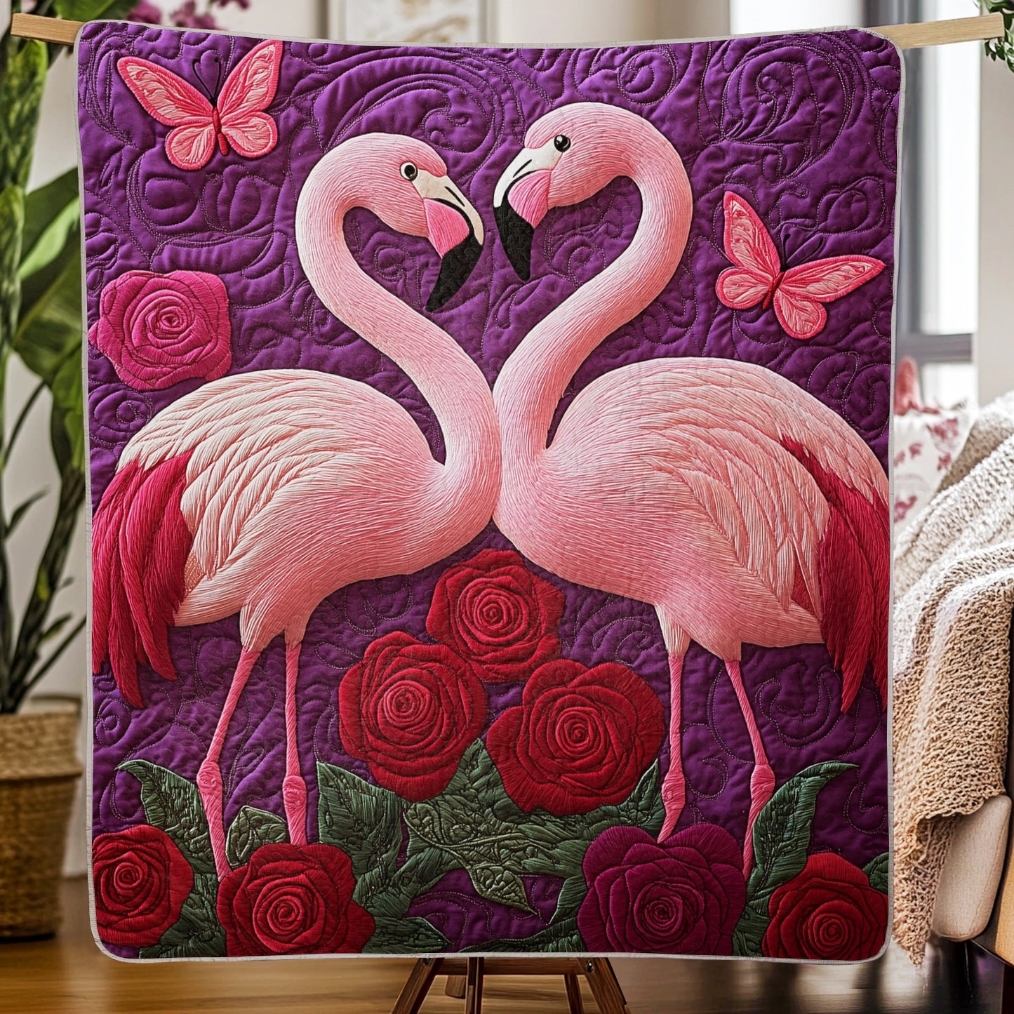 Shineful Flat Print Faux Quilt Blanket - Pink Flamingos in Love with Roses and Butterflies