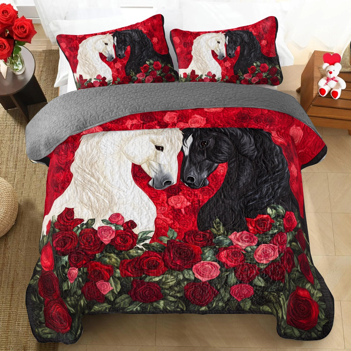 Shineful All Season Quilt 3-Piece Set Passionate Rose Horse