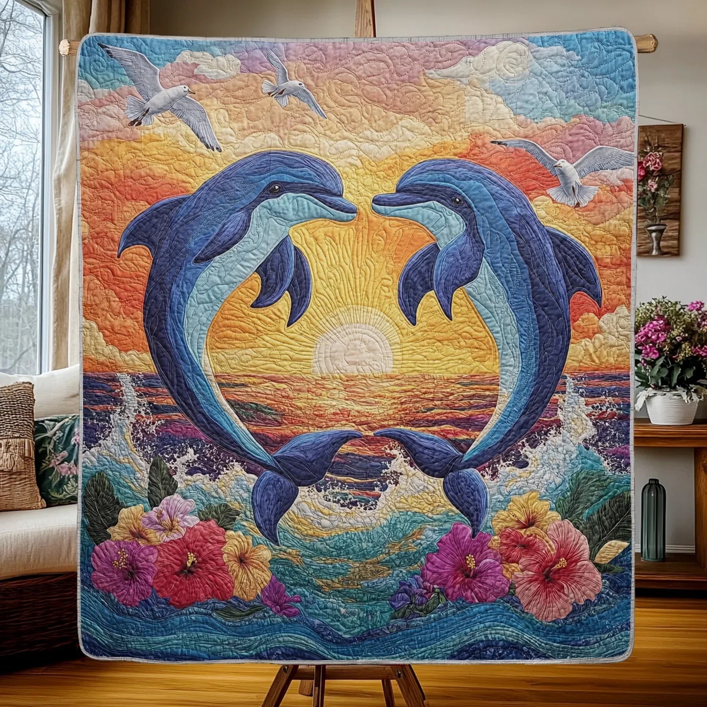 Shineful Flat Print Faux Quilt Blanket - Dolphins Dancing in a Vibrant Sunset Symphony