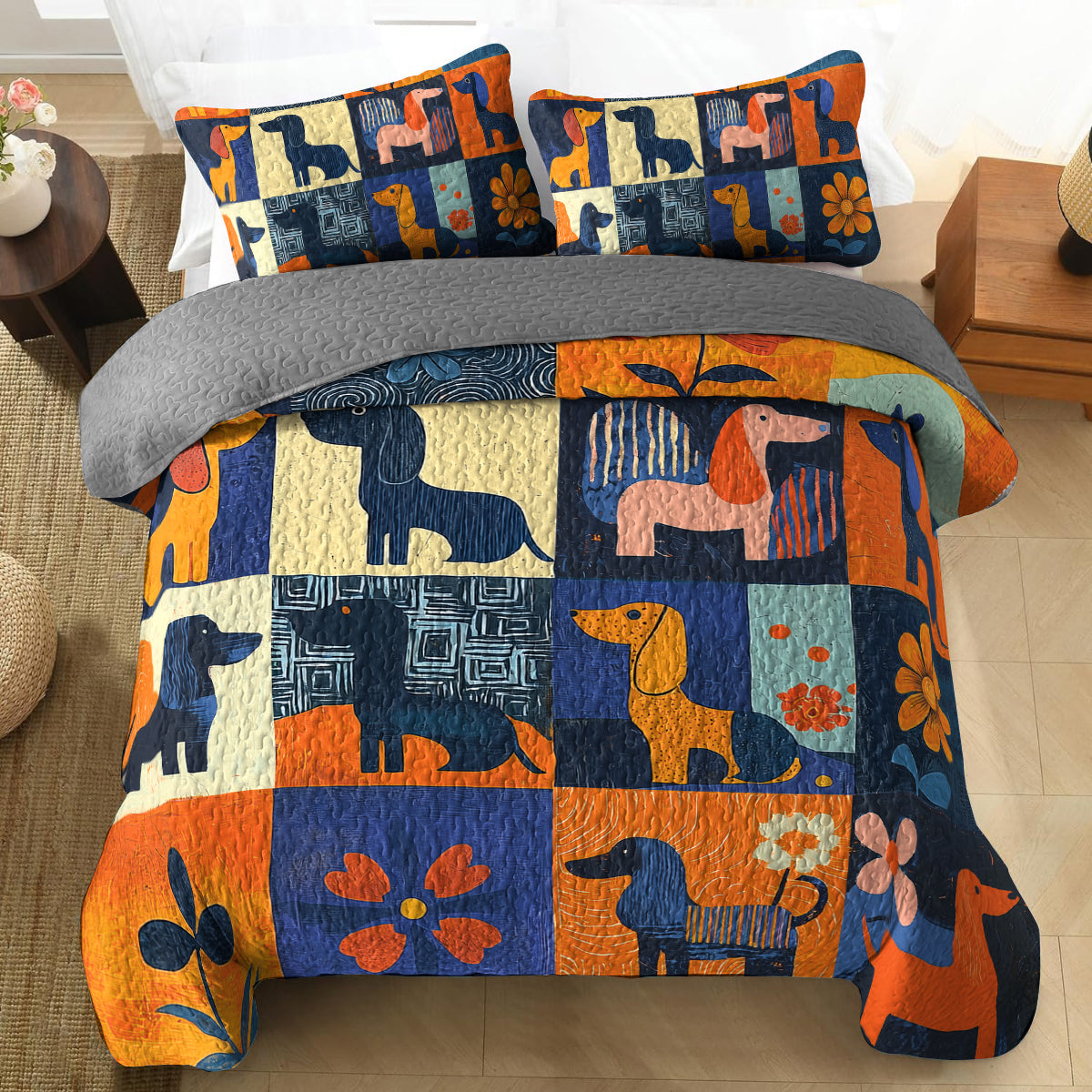 Shineful All Season Quilt 3-teiliges Set mit Dackelmotiv, lebendiges Blumenmuster