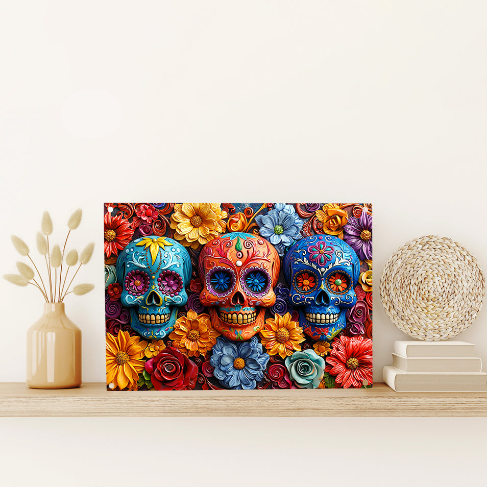 Glänzendes 2D Metallschild Floral Sugar Skull