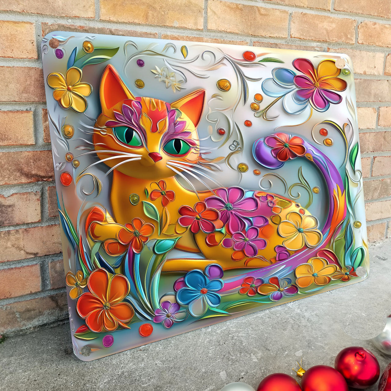 Shineful 2D Flat Print Metal Sign Charming Floral Cat